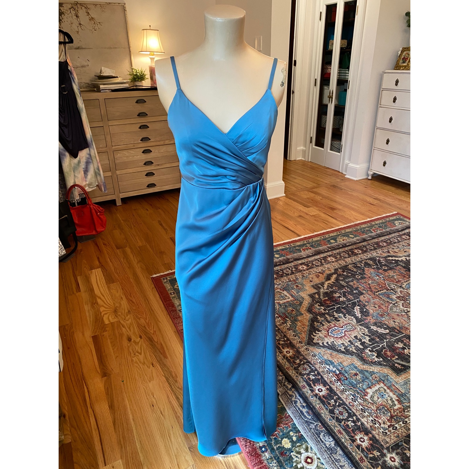 Azazi Cornflower Blue Pleated Surplice Maxi Dress Size A2 Formal Gown